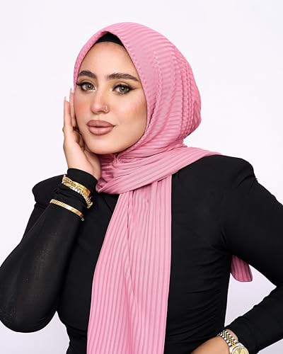 Instant Hijab 여성용 | 헤드 랩 100% 면 리브 헤드스카프 | 금속 핀이 있는 착용하기 쉬운 히잡 - color: 핑크
