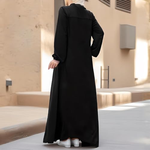 Womens Abaya Muslim Long Sleeve Front Zipper Dress Prayer Islamic Clothes with Pockets - color: Black, size: XX-Large