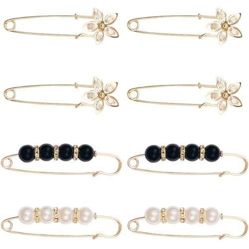 ELANE Decorative Pins for Clothing,Pearl Brooch Pins Pant Waist Tightener Fancy Safety Pins,Large Decorative Safety Pins for Clothes (Black+White-8PCS) - color: Black+white-8pcs