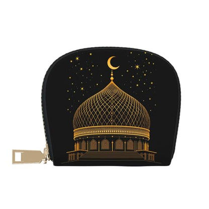 Elegant Islamic Style RFID Blocking Semi Circle Card Holder PU Leather Zipper Wallet Pouch Keychain Bag for Women Men, Slim Small Credit Card Case Organizer with 12 Slots - color: Elegant Islamic Style