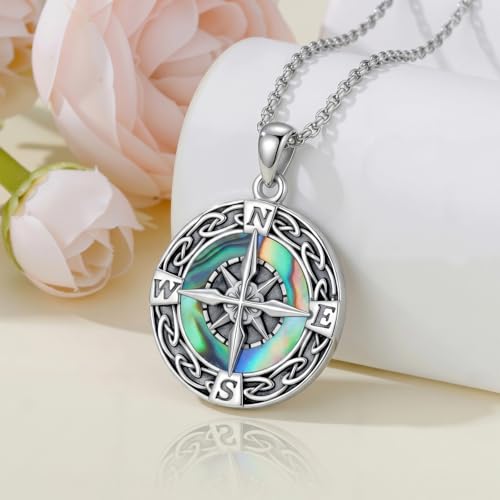 Graduation Gifts for Women 925 Sterling Silver Compass/Graduation/Vet/Cross/Stethoscope Necklace for Women - color: Compass-Abalone Shell-White Gold