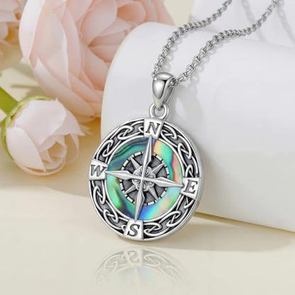 Graduation Gifts for Women 925 Sterling Silver Compass/Graduation/Vet/Cross/Stethoscope Necklace for Women - color: Compass-Abalone Shell-White Gold