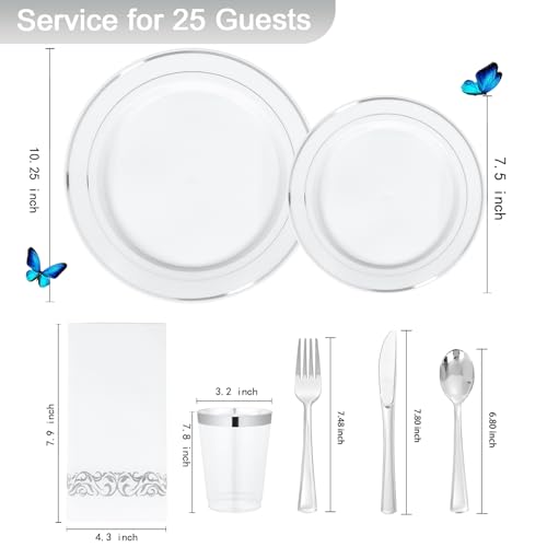 Supernal 200pcs Silver Plastic Dinnerware Sets for 25 Guests included Silver Silverware Set & Plastic Plates heavy duty Disposable Cups and Paper Napkins Disposable for Party Birthday and Wedding - color: 200pcs White and Silver Plastic Dinnerware