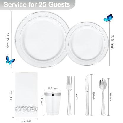 Supernal 200pcs Silver Plastic Dinnerware Sets for 25 Guests included Silver Silverware Set & Plastic Plates heavy duty Disposable Cups and Paper Napkins Disposable for Party Birthday and Wedding - color: 200pcs White and Silver Plastic Dinnerware