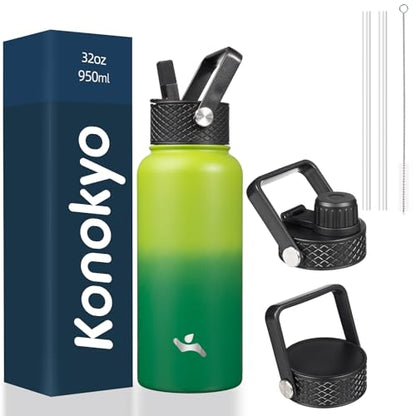 Konokyo 32 oz Insulated Water Bottle Stainless Steel Sport Bottles with 3 Lids,Bamboo Grove - color: Bamboo Grove, size: 32 Ounces
