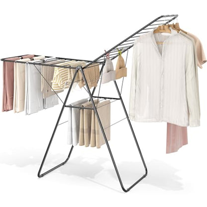 KINGBOARD Clothes Drying Rack Foldable, Drying Rack Clothing with Height-Adjustable, Metal Laundry Rack, Indoor Outdoor Use, No Assembly, 20.47"x 70"x 42.52", Black - color: Black