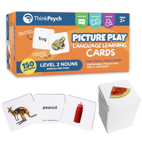 ThinkPsych Level 2 Nouns Flash Cards - 150 Picture Cards for Speech Therapy - style: Level 2 Nouns - Animals & Food (Real Photos)