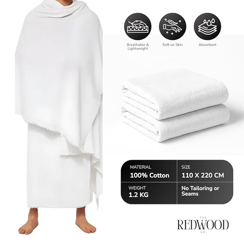 Umrah Essentials Kit for Men – Pack of 8 | Cotton Ihram 110x220 cm, Adjustable Ihram Belt, Foldable Prayer Mat, Miswak, Safety Pins, Digital Tasbeeh, Prayer Cap, Drawstring Bag for Hajj & Umrah