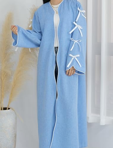 ODIZLI Women's Eid Abaya Dresses Long Sleeve Open Front Pearl Bowknot Prayer Dress Ramadan Cardigan Dubai Kaftan - color: Blue, size: Small
