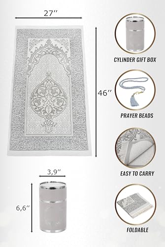 ihvan online Muslim Prayer Rug and Prayer Beads with Elegant Design Cylinder Gift Box, Janamaz, Soft Sajadah, Islamic Gifts Set, Portable Prayers Carpet Mat, Taffeta Fabric, Grey - color: Grey