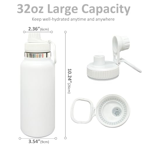 32 oz Insulated Water Bottle with Spout Lid - Double Wall Vacuum Sports Water Bottle - Powder Coated Cup for Gym Camping Hiking(White,1 pack) - color: White