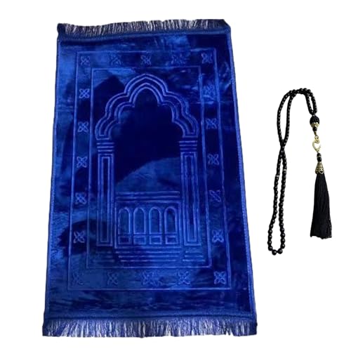 Thick Flannel Muslim Prayer Rug Embossed Turkish Prayer Carpet Islam Prayer Mat Rosary Beads for Men Women Islamic Janamaz Great Ramadan Eid Gift Elegant Sajadah with Tassel Salat Rug 80x120cm - color: Loyal Blue