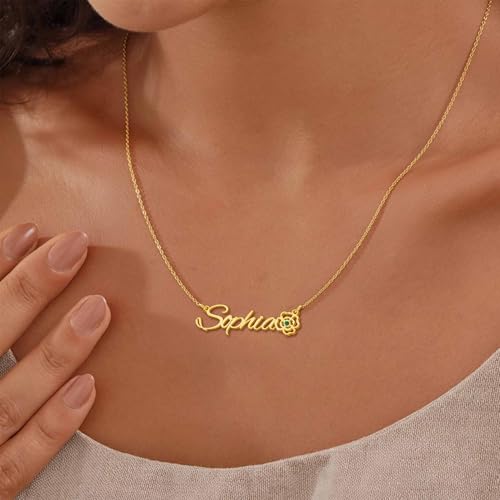 Elemtansy Custom Name Necklace with Birth Flower, Personalized Jewelry Necklaces for Women, 18K Gold Name Plate Necklaces Personalized Mothers Day Birthday Gifts for Women Sister Best Friend - color: 3-Name with Birth flower&Birthstone