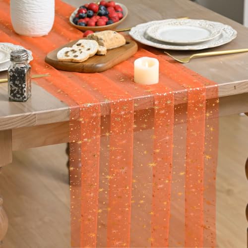 Artoid Mode Gold Stars Orange Gauze Table Runner 120 Inch 10FT, Reversible Glitter Sheer Dining Wedding Holiday Birthday Table Decor for Home Party - color: Orange Gold, size: 28" x 120"