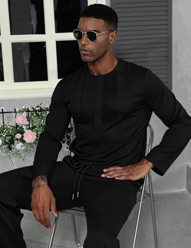 Mens African 2 Piece Set Nigerian Dashiki Traditional Suit Pleated Snap Button Shirts and Pants Outfit - color: Black, size: X-Large