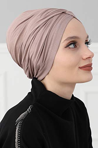 Aisha's Design Instant Turban 플레인 면 스카프 헤드 랩 경량 모자 보닛 캡 여성용 - color: 카푸치노.