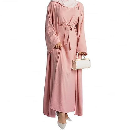 2PCS Women's Muslim Dresses Abaya Islamic Dubai Prayer Dress Robe Long Cardigan Maxi Dress - color: Pink, size: X-Large