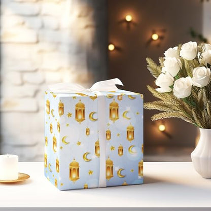 FYSUIMU 12 Sheets Eid Mubarak Wrapping Paper -Not Roll- 6 Colors Gift Wrap Paper Folded Flat Gold Mosque Moon Star Craft Paper for Ramadan Muslim Party Supplies, 19.7 x 27.6 Inch