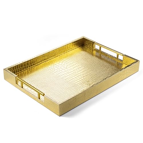 ATZYmolin 17"x12" Leather Serving Tray, Gold Handle Vanity Platter, Gold - color: Alligator Gold, size: 17" x 12" x 1.8"