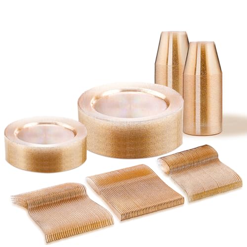 WELLIFE Gold Glitter Disposable Plates, Dinnerware Set for 25 Guests - color: Gold Glitter, size: 25 Guests