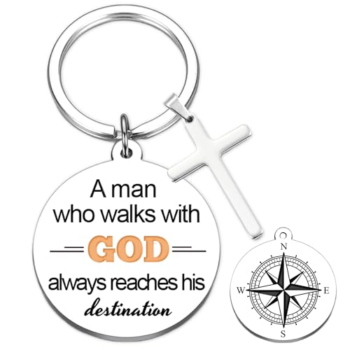 Christian Gifts Keychain for Men, Religious Baptism Gift Keychains for Birthday Christmas, A Man Who Walks With God Keyring - color: Silver