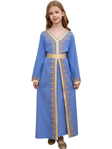 Girls Middle East Prayer Dress Muslim Abaya Hooded Islamic Modest Arabian Dresses Middle Dubai Attire Kaftan - color: Blue, size: 7