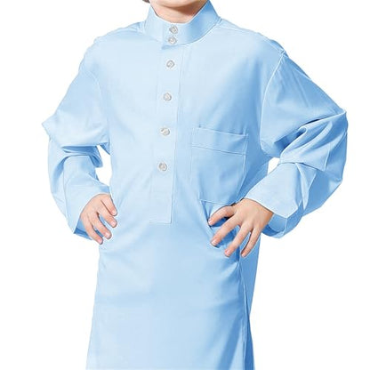 Arabic Thobe Muslim Thobe Long Sleeve Kaftan Crew Robe National Costume Teenage Boys Long Sleeve Embroidered Robe - color: Sky Blue, size: 7-8 Years