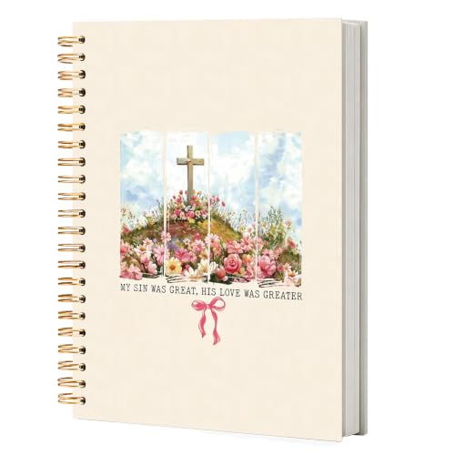 NATSUNO Coquette Pink Bow Christian Spiral Notebook Journal 5.5x8.3in - color: White Wildflower Cross