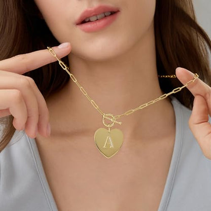 14K Gold Filled Heart Initial Necklace for Women, Dainty Alphabet Pendant Necklace with Paperclip Chain, Hypoallergenic Jewelry Gift for Her - color: Letter A