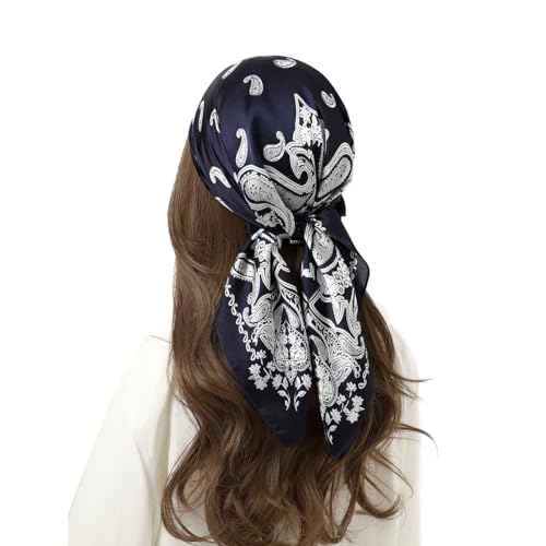 STARWHISPER 27" Square Head Scarf for Women Silk Feeling Satin Scarf Women Fashion Silk Scarf for Wrapping Hair - color: Black Paisley