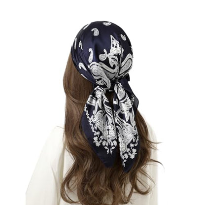 STARWHISPER 27" Square Head Scarf for Women Silk Feeling Satin Scarf Women Fashion Silk Scarf for Wrapping Hair - color: Black Paisley