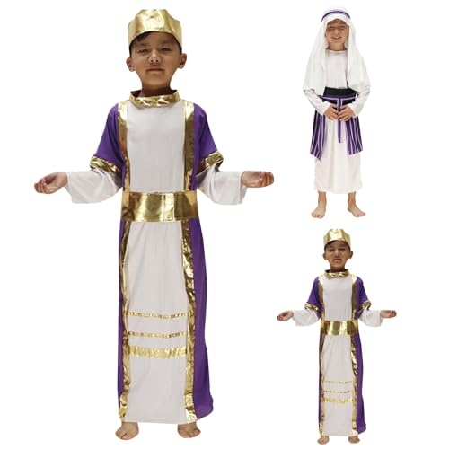 Kids Muslim Thobe Boys Arab Thobe Ethnic Ramadan Islamic Clothing Long Sleeve Arabic Prayer Kaftan Eid Trendy Maxi Dresses - color: Purple, size: 8-10 Years