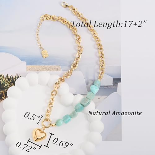 POTESSA 18K Gold Plated Pendant Necklace Medallion Coin Heart Y Shaped Chain Toggle Necklace for Women Jewelry - color: gold heart amazonite