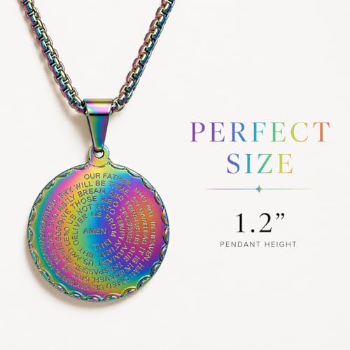 Steeltime Stainless Steel Lords Prayer Necklace with Simulated Diamonds - color: Rainbow IP, style: Round Pendant