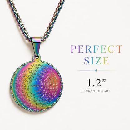 Steeltime Stainless Steel Lords Prayer Necklace with Simulated Diamonds - color: Rainbow IP, style: Round Pendant