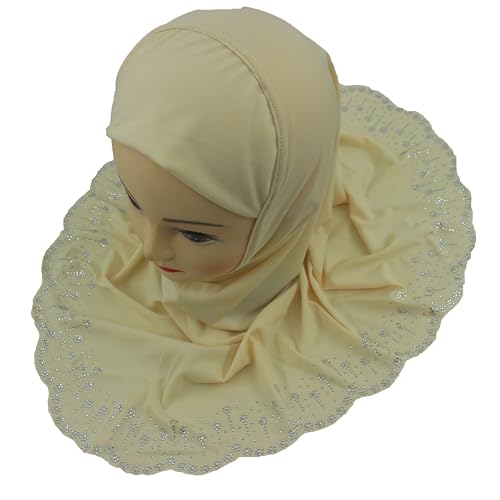 Girls Hijab with Rhinestones – Sparkly Non-Slip Amira Scarf for Kids, for Daily Prayer, School, Ramadan & Eid (Ages 4-12) - color: Cream-wavy Edge