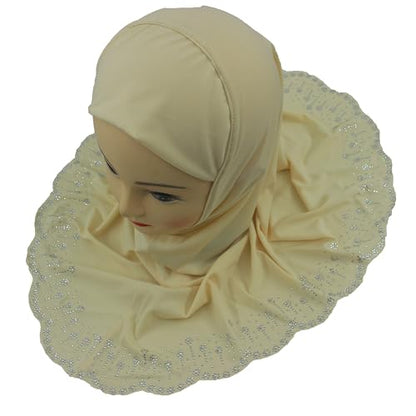 Girls Hijab with Rhinestones – Sparkly Non-Slip Amira Scarf for Kids, for Daily Prayer, School, Ramadan & Eid (Ages 4-12) - color: Cream-wavy Edge
