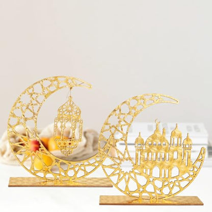 2pcs Eid Mubarak Kareem Table Sign, Wooden Moon Hollow Star Ornament Ramadan Hollow Ornament Wood Ramadan Decorations Islamic Home Decor Gifts for Home Muslim Party Tabletop Decor