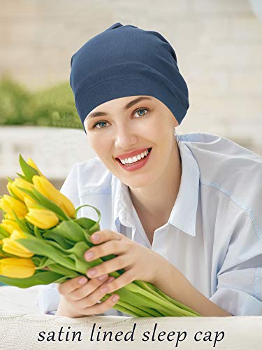 SATINIOR 4 Pieces Satin Lined Sleep Cap Silk Bonnet for Sleeping Women, Silk Hair Wrap Slouch Beanie Hat - color: Black, Grey, Dark Blue, Pink