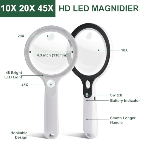 10X 20X 45X Magnifying Glass with 48 LED Light | Handheld Illuminated Lighted Magnifier with 5 Light Modes Rechargeable Magnifying Glass for Seniors Reading Inspection - color: White Handle