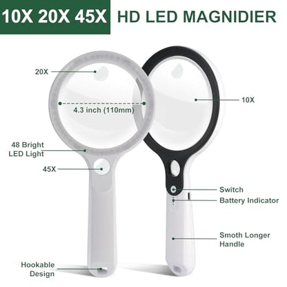 10X 20X 45X Magnifying Glass with 48 LED Light | Handheld Illuminated Lighted Magnifier with 5 Light Modes Rechargeable Magnifying Glass for Seniors Reading Inspection - color: White Handle
