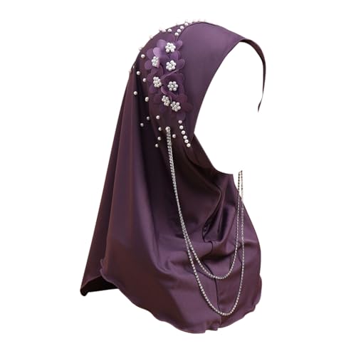 RARITYUS Women Bling Rhinestone Pearl Instant Scarf Muslim Hijab Fashion Shawl Head Wrap Turban Cap with Flower Accent - color: Purple