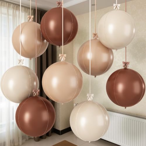 Togvu Brown Sand White Round Foil Balloons, 9PCS 22Inch Large 4D Balloon Sphere Mirror Ball Balloons for Baby Shower Bridal Shower Wedding Birthday Party Ceiling Decorations Supplies - color: Coco Apricot Sand