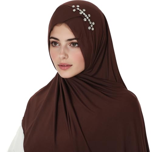 khalat Instant Hijab 여성용 무슬림 샤이니 라인스톤 데일리 스카프 부드럽고 신축성 있는 단색 이슬람 기도 히잡 - color: 커피.