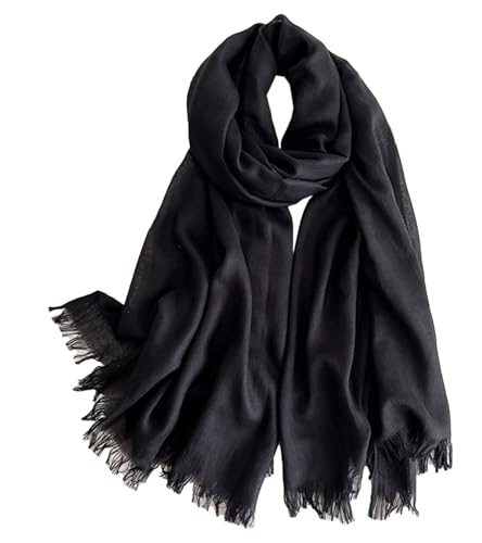 Solid color cotton and linen scarf, wrinkled all season versatile long sunscreen fashionable shawl - color: Black