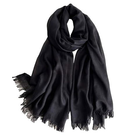 Solid color cotton and linen scarf, wrinkled all season versatile long sunscreen fashionable shawl - color: Black