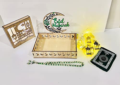 Eid Mubarak Gift Set - Wooden Serving Tray, LED Light, String Lights, Pocket Prayer Mat & Tasbih (5 Pcs/Set)