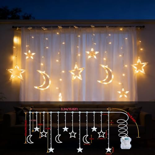 138 LED Star Moon Lights, Twinkle Christmas Curtain String Lights with 8 Modes, Battery Operated Fairy Star Moon with Hooks, Hanging Decor for Ramadan, Bedroom, Wedding, Warm White - size: 138 LED