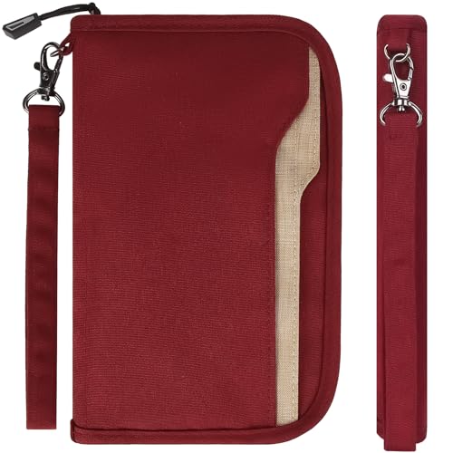 ZOPPEN Passport Holder Family RFID Passport Wallet, Passport Holder Women/Men, Travel Wallet Documents Organizer Zipper Case with Removable Wristlet Strap, Travel Essentials for Flying - color: #04 Burgundy