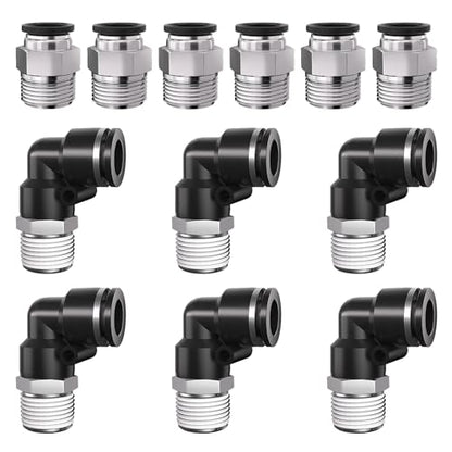 1/2" Tube OD to 1/2" NPT Thread Push to Connect Fittings,Pneumatic Quick Air Hose Fittings,Male Straight + Elbow,PC+PL(12pcs) - color: Black PC+PL, size: 1/2"OD x 1/2"NPT